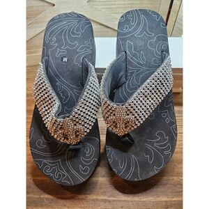 Rhinestone Platform Flip Flops Women Medium 7-8 Black Fleur De Lis Wedge #561